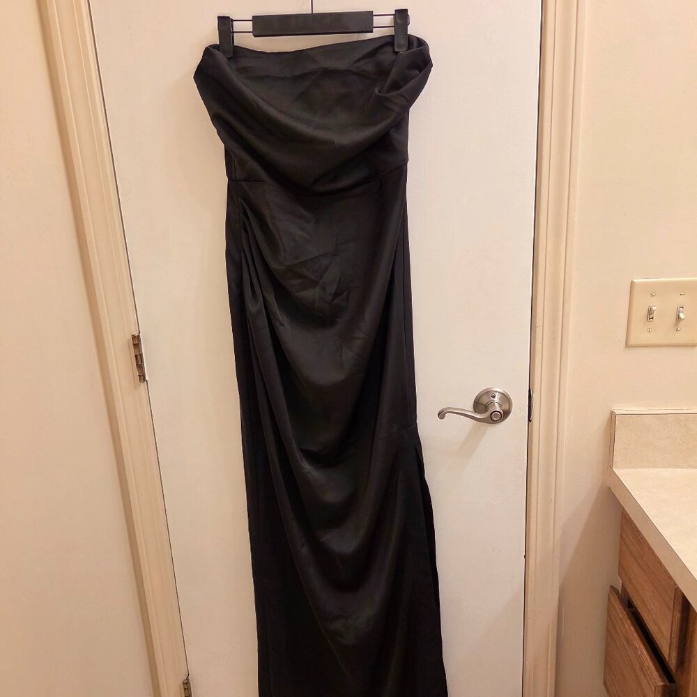 Black Satin Strapless Evening Gown